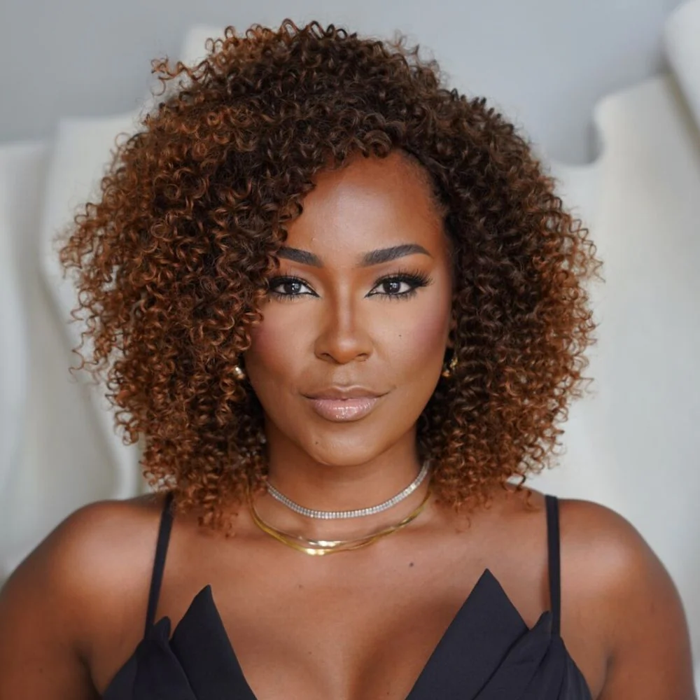 No Lace Dark Brown Mix Light Auburn Curly Glueless Wig With Bangs