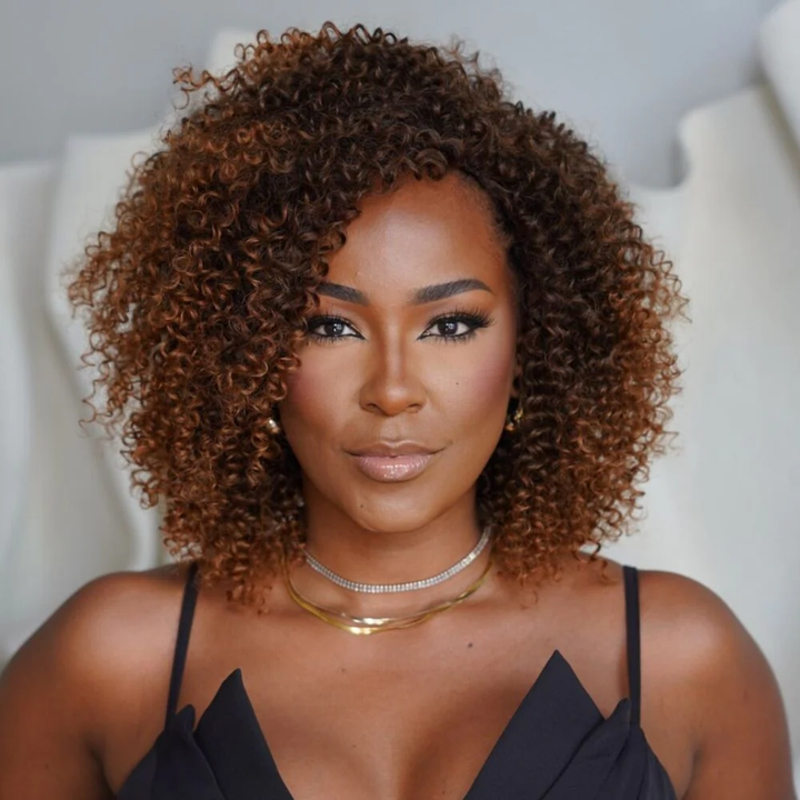 No Lace Dark Brown Mix Light Auburn Curly Glueless Wig With Bangs