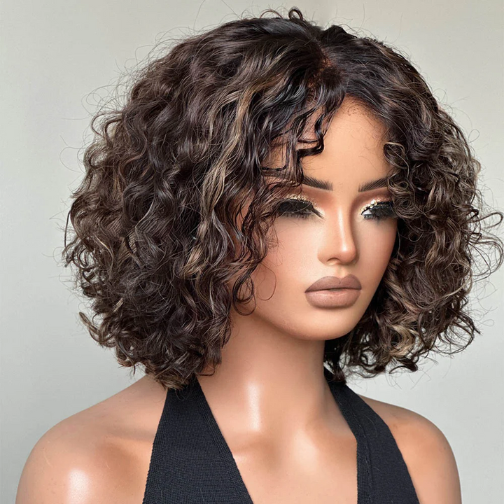 4x4 Lace Short Blonde Highlights Pixie Curly Glueless Wig
