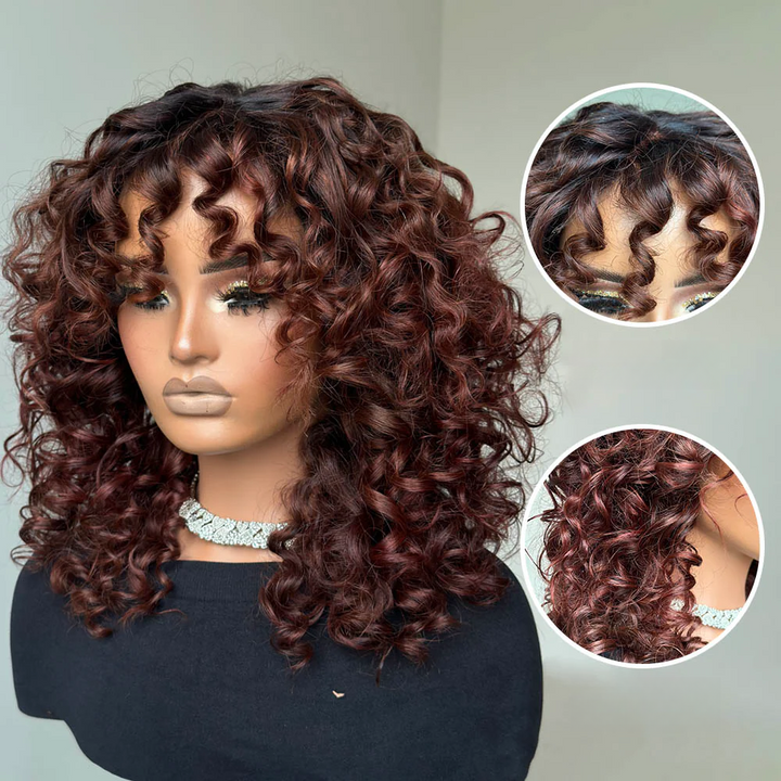 4x4 Lace Reddish Brown With Dark Root Bouncy Curl Glueless Wig