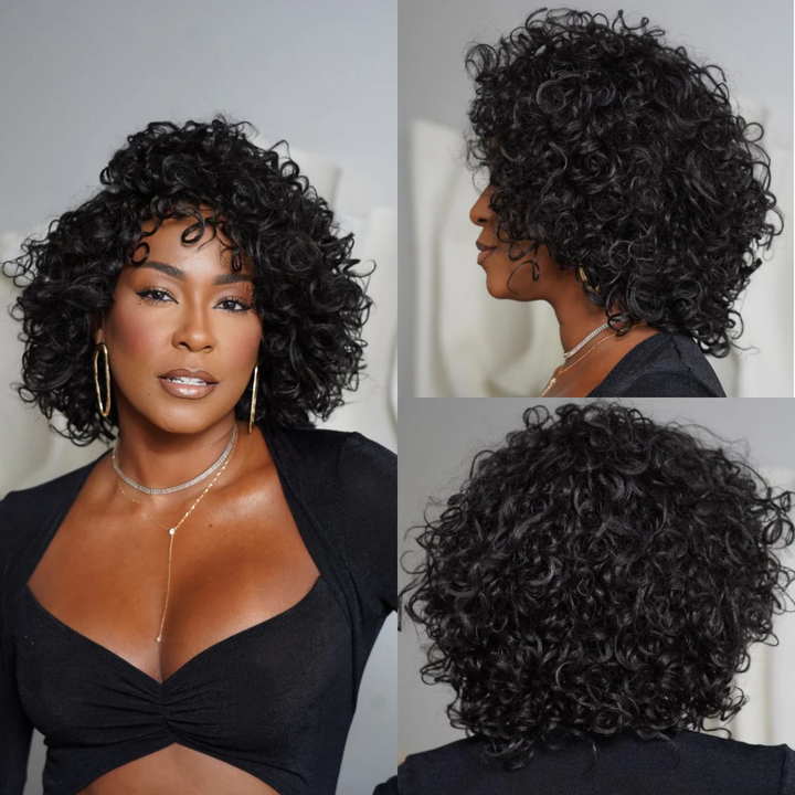 No Lace  Put On & Go Glueless Short Bob Curly 100% Human Hair Wig
