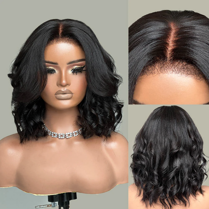 4x4 Lace Yaki Wavy Bob Pre-cut Lace With Kinky Edges Glueless Wig