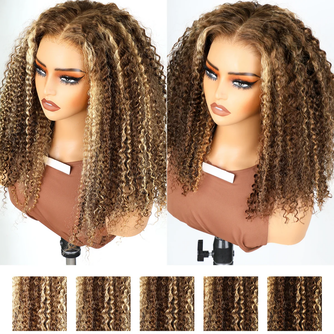 Kinky Curly Honey Blonde Highlight 7x5 Pre-Everyhthing & Transparent Lace Wear Go Glueless Wig