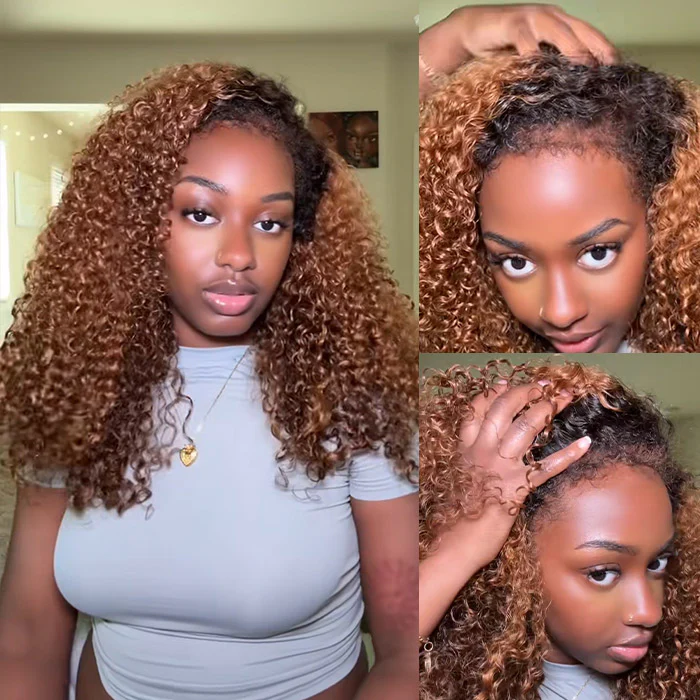 4x4/7x5 Lace Ombre Black Brown 4C Edges Hairline Coily Curly Glueless Wig Human Hair