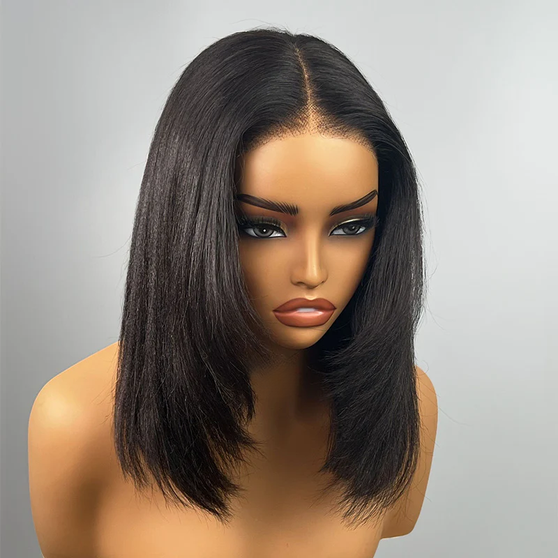 9x6 T Part Layered Cut Bob Yaki Straight Wig Deep Part Lace Flexi-Fit Invisi Drawstring Cap Glueless Wig