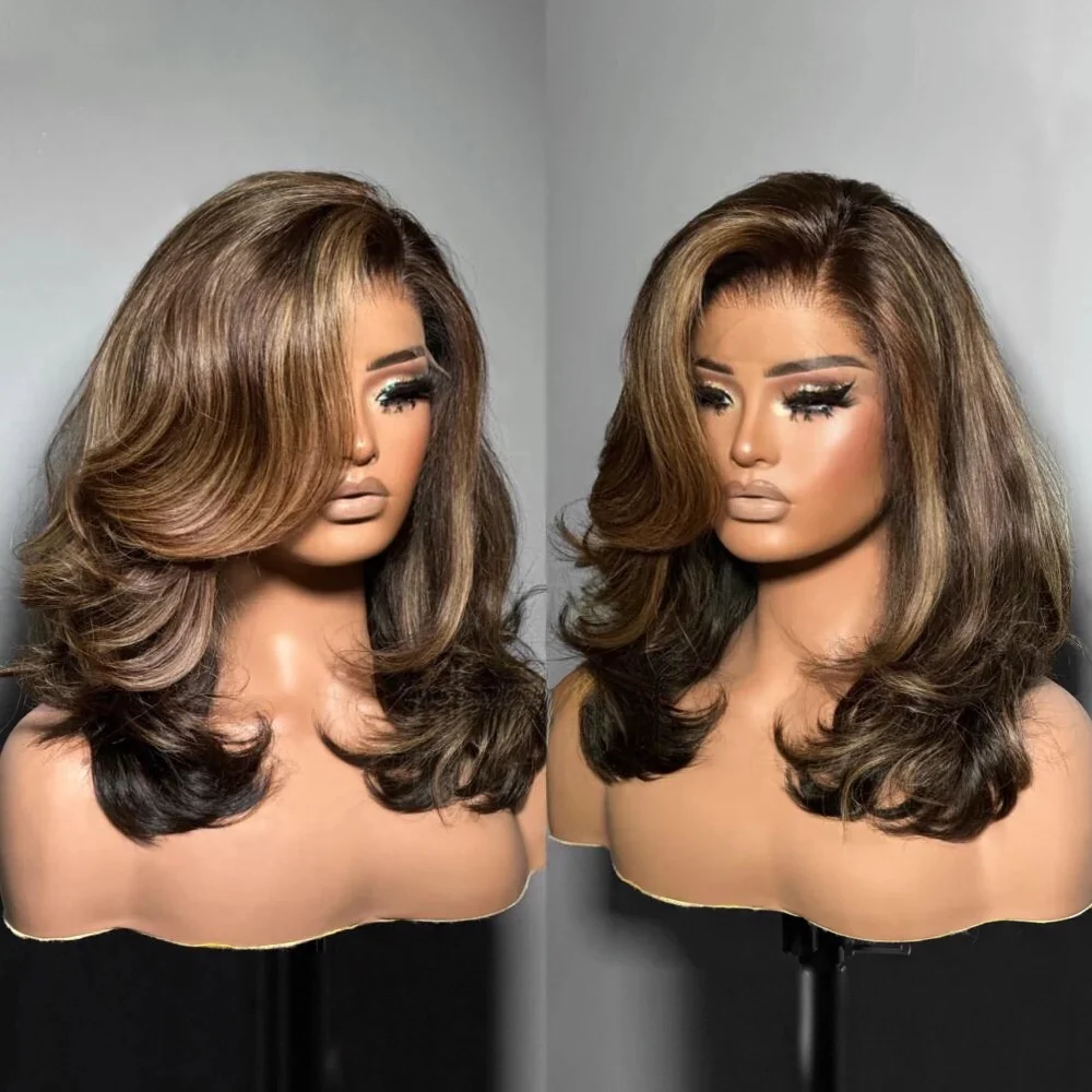 4x4/7x5 Lace Blonde Highlight With Dark Brown Layered Wavy Glueless Wig
