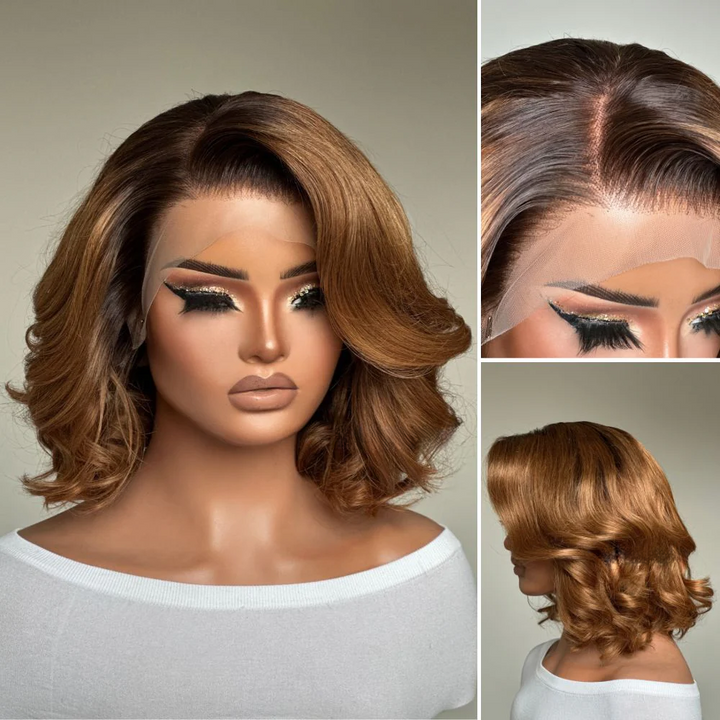 4x4 Ombre Honey Blonde Side Part Layered Bob Wig 100% Human Hair