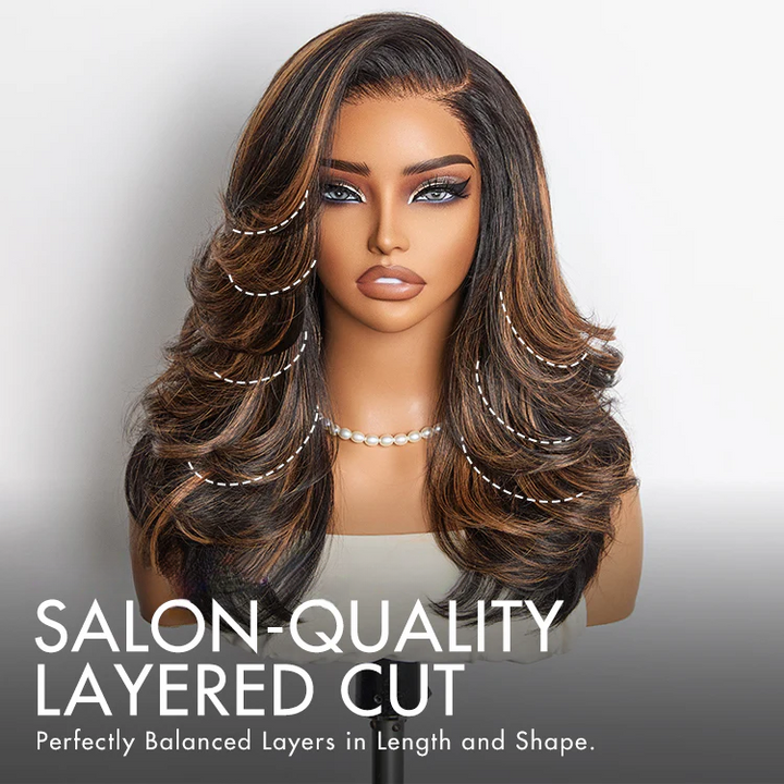 4x4 Lace Brown Highlight Layered Haircut Wavy Glueless Wig 100% Human Hair