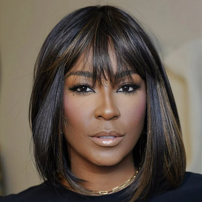 No Lace Highlight Short Straight Wig With Bangs 100% Human Hair