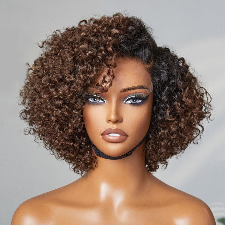 Ombre Brown Fluffy Kinky Curly Glueless 4x4 Lace Wig