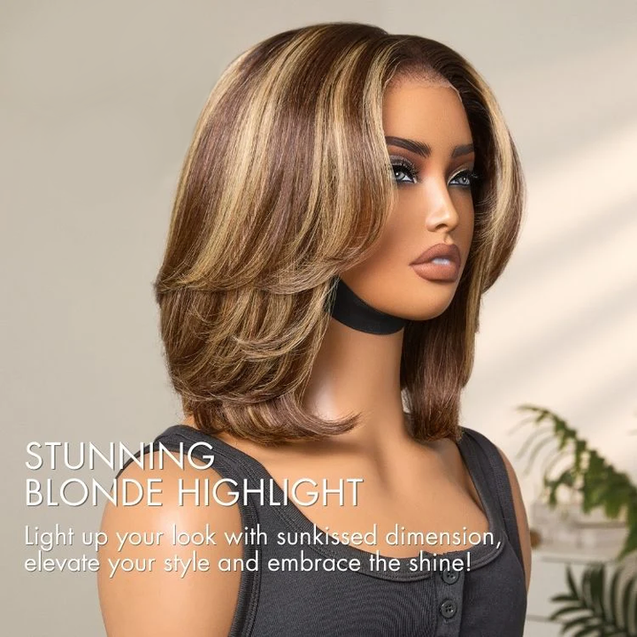 Blonde Highlight Short Layered Bob 7x5 Lace Glueless Wig Pre-Cut Lace Wig