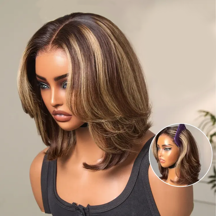 Blonde Highlight Short Layered Bob 7x5 Lace Glueless Wig Pre-Cut Lace Wig