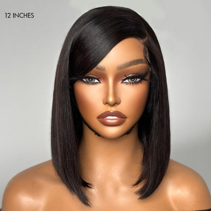 Swoop Bangs Left C Part Silky Straight Glueless 7x5 Closure Lace Glueless Wig