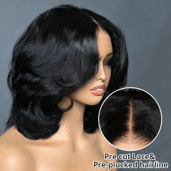 7x5 Lace Layered Bob Short Wavy Glueless Wig Wear And Go 100% Human Hair