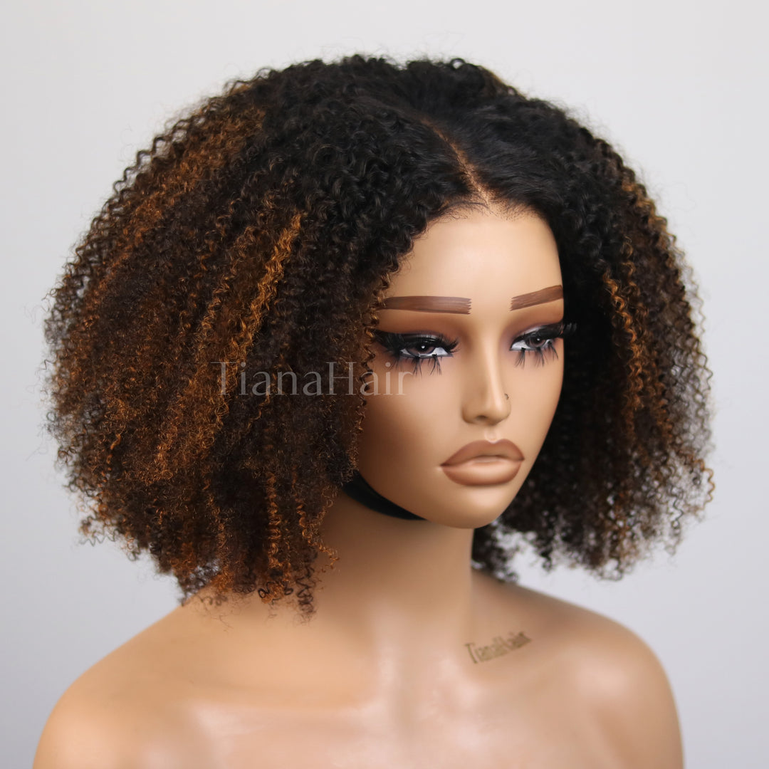 Afro Kinky Curly Brown Highlight 4x4/7x5 Pre-Everyhthing & Transparent Lace Wear Go Glueless Wig