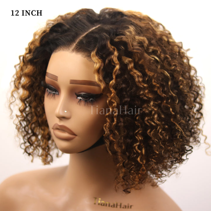 Ombre Blonde Highlight Deep Curly Glueless 4x4 Lace Wig Ready To Go 100% Human Hair