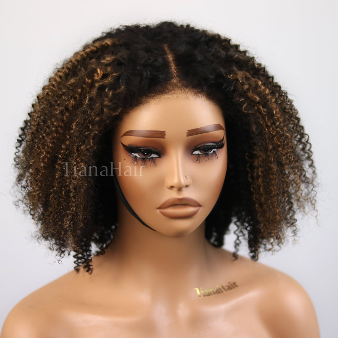 4C Edges Brown Highlight Afro Curly 4x4 Lace Pre-Everything Wear And Go Glueless Wig