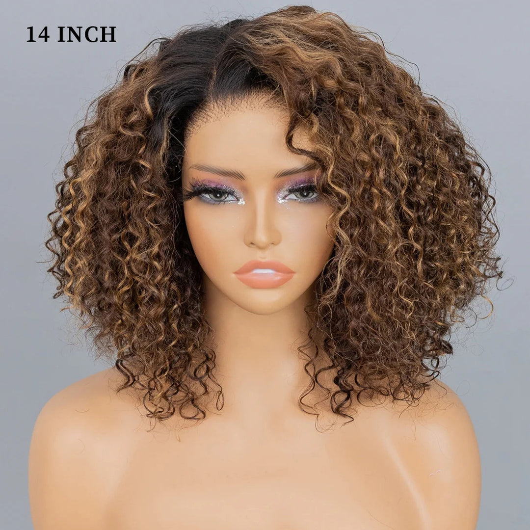 Ombre Blonde Highlight Deep Curly Glueless 4x4 Lace Wig Ready To Go 100% Human Hair