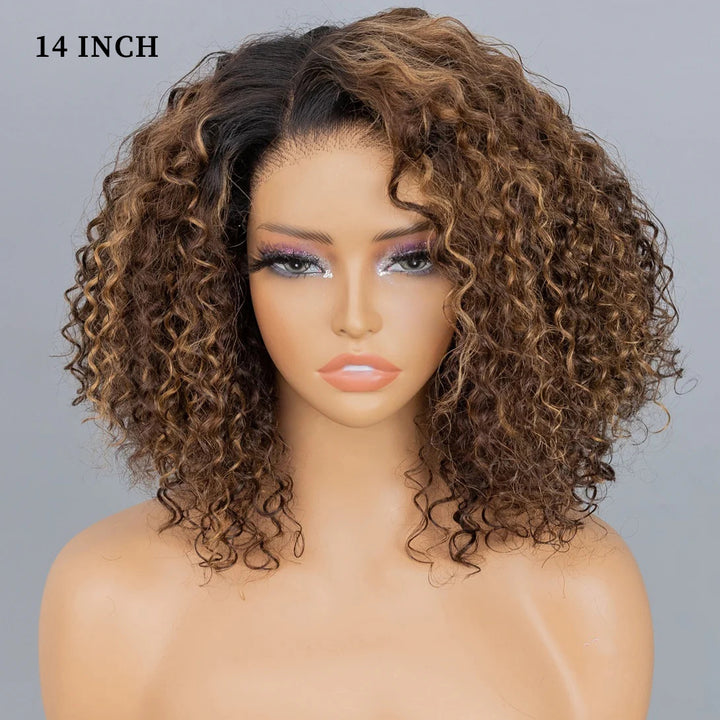 Ombre Blonde Highlight Deep Curly Glueless 4x4 Lace Wig Ready To Go 100% Human Hair