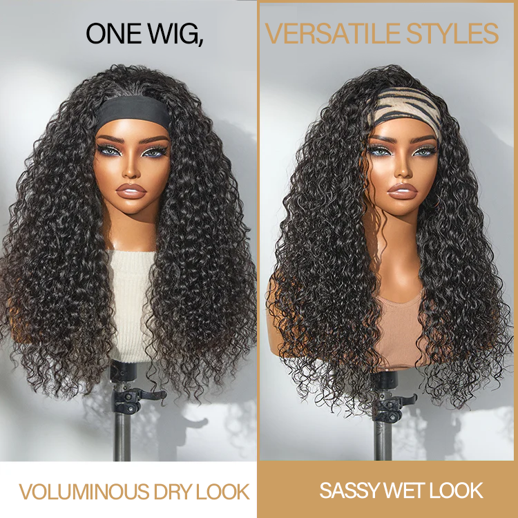 Anfängerfreundliche, wassergewellte, kleberlose Perücke mit langem Stirnband, 100 % Echthaar