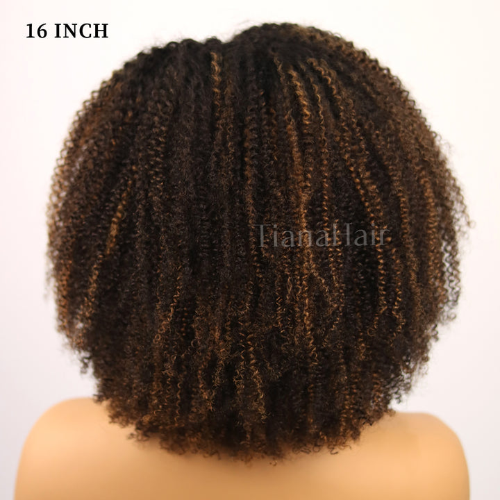 Afro Kinky Curly Black/Ombre Coffee Highlights 4x4 Pre-Everyhthing & Transparent Lace Wear Go Glueless Wig