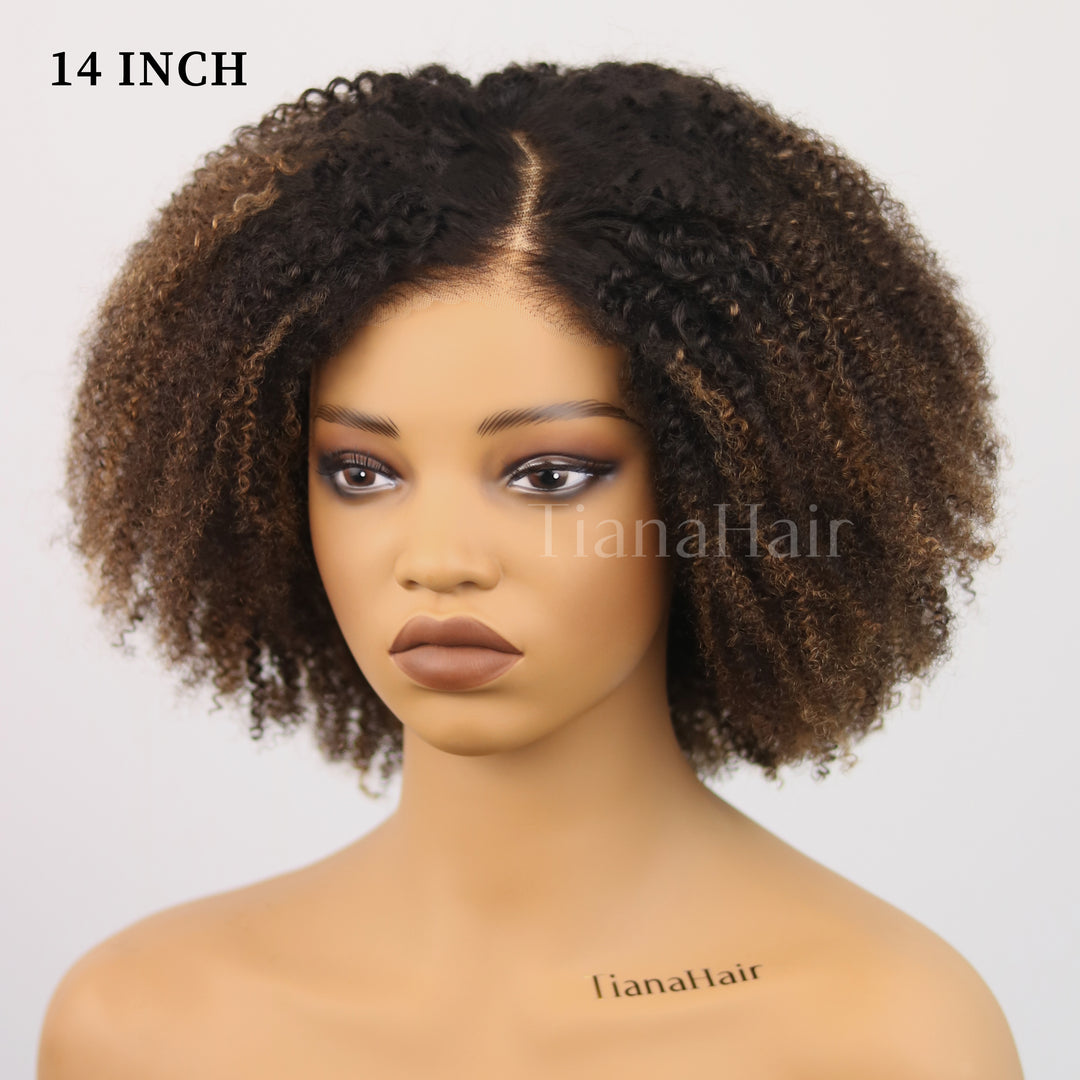 Afro Kinky Curly Black/Ombre Coffee Highlights 4x4 Pre-Everyhthing & Transparent Lace Wear Go Glueless Wig