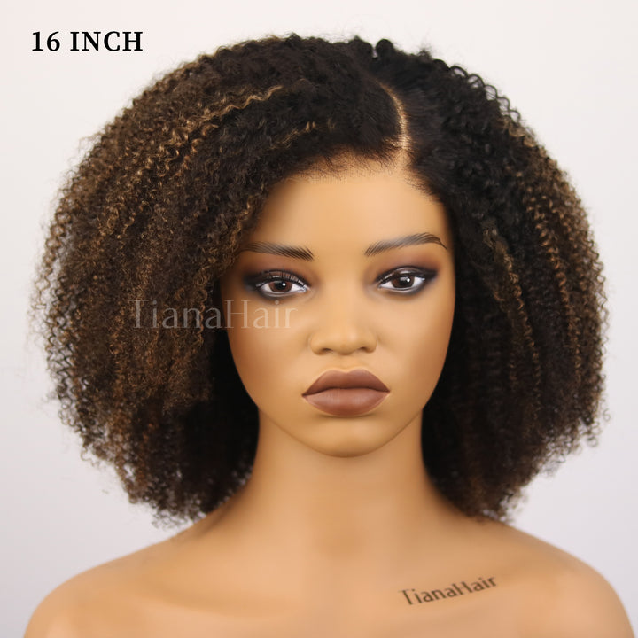 Afro Kinky Curly Black/Ombre Coffee Highlights 4x4 Pre-Everyhthing & Transparent Lace Wear Go Glueless Wig