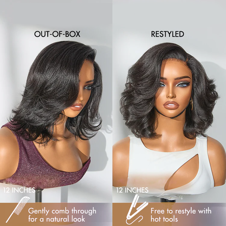 7x5 Lace Natural Look Yaki Texture Layered Bangs Bob Wig Glueless 100% Human Hair Wig