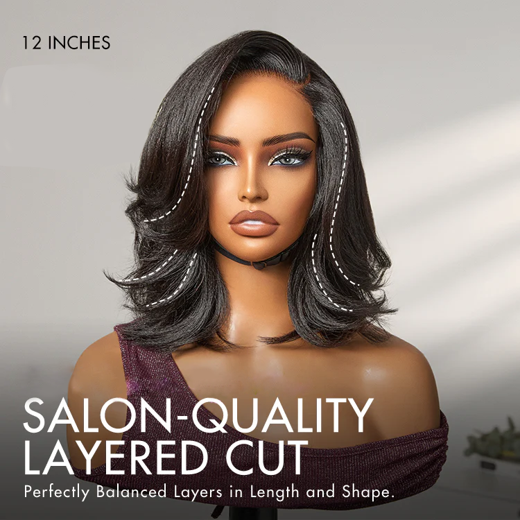 7x5 Lace Natural Look Yaki Texture Layered Bangs Bob Wig Glueless 100% Human Hair Wig