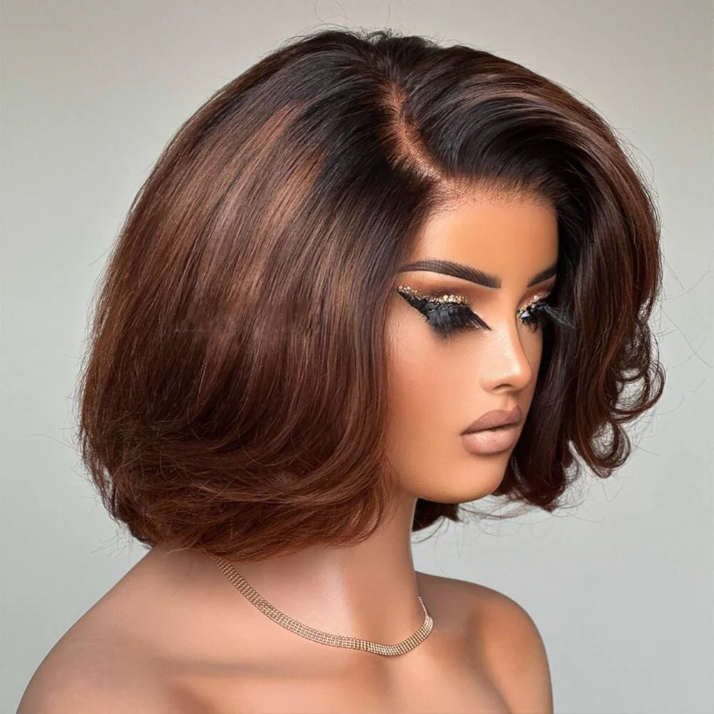 4x4 Lace Ombre Brown Layered Wavy Glueless Bob Wig