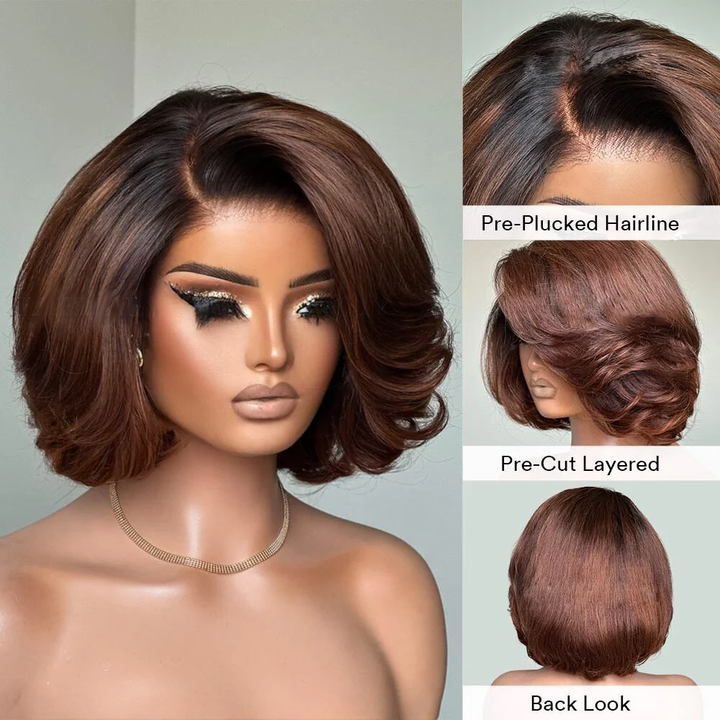 4x4 Lace Ombre Brown Layered Wavy Glueless Bob Wig