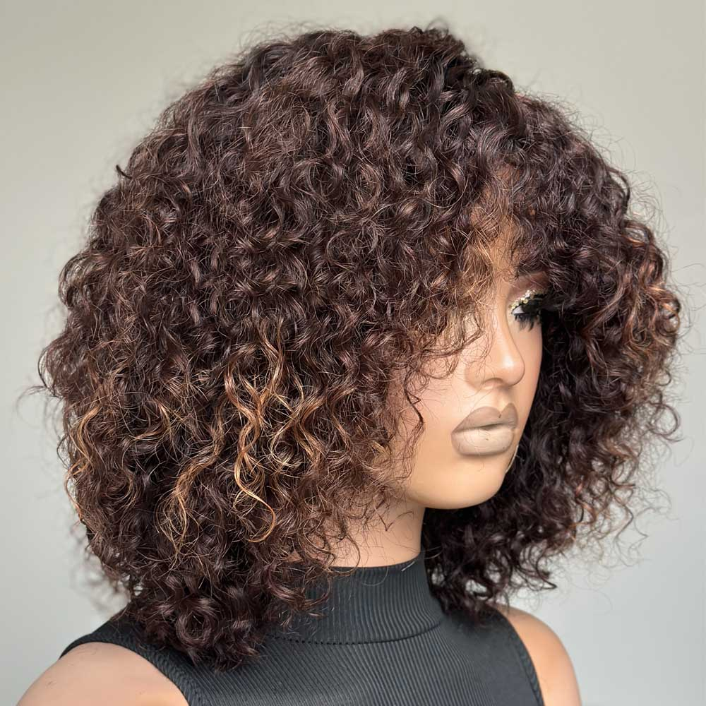 No Lace Put on & Go Brown Highlight Curly Bob Wig With Bangs