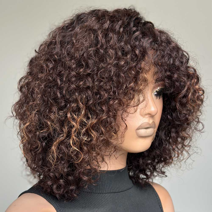 No Lace Put on & Go Brown Highlight Curly Bob Wig With Bangs