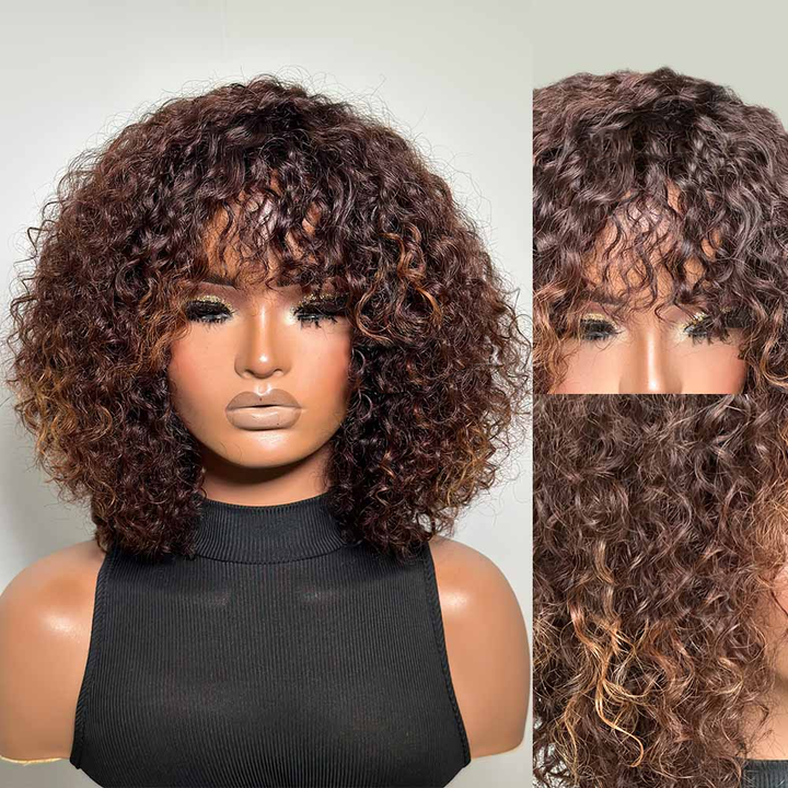 No Lace Put on & Go Brown Highlight Curly Bob Wig With Bangs