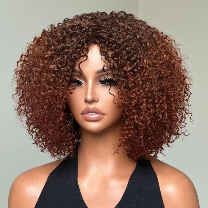 No Lace Dark Brown Mix Light Auburn Curly Glueless Wig With Bangs
