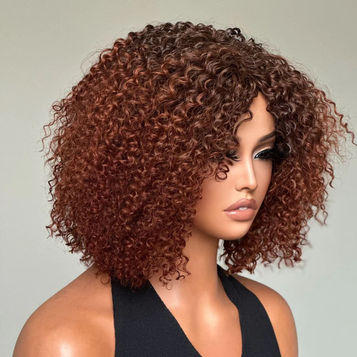 No Lace Dark Brown Mix Light Auburn Curly Glueless Wig With Bangs