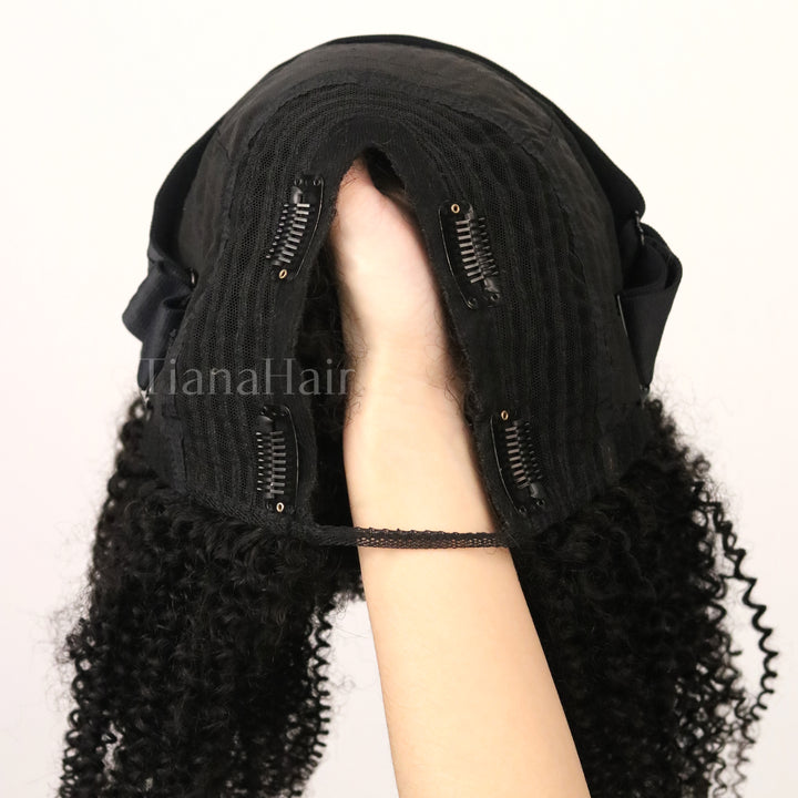 Perruques afro bouclées noires naturelles sans colle en V, densité de 180 %, 100 % cheveux humains