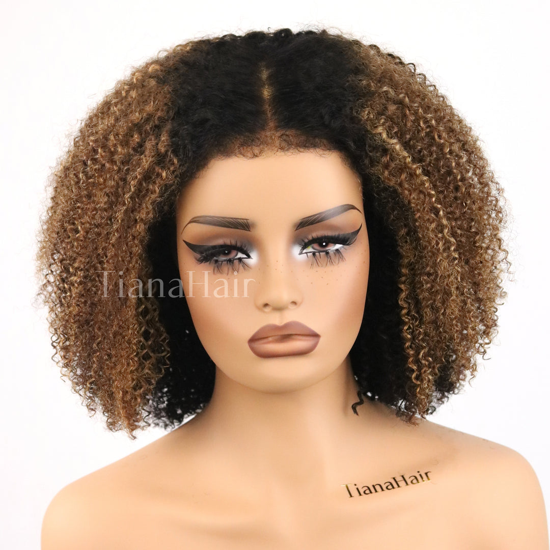 4x4/7x5 Lace Ombre Brown Highlights Afro Kinky Curly With Kinky Edges Bob Wig Pre-Everyhthing Wear Go Glueless Wig