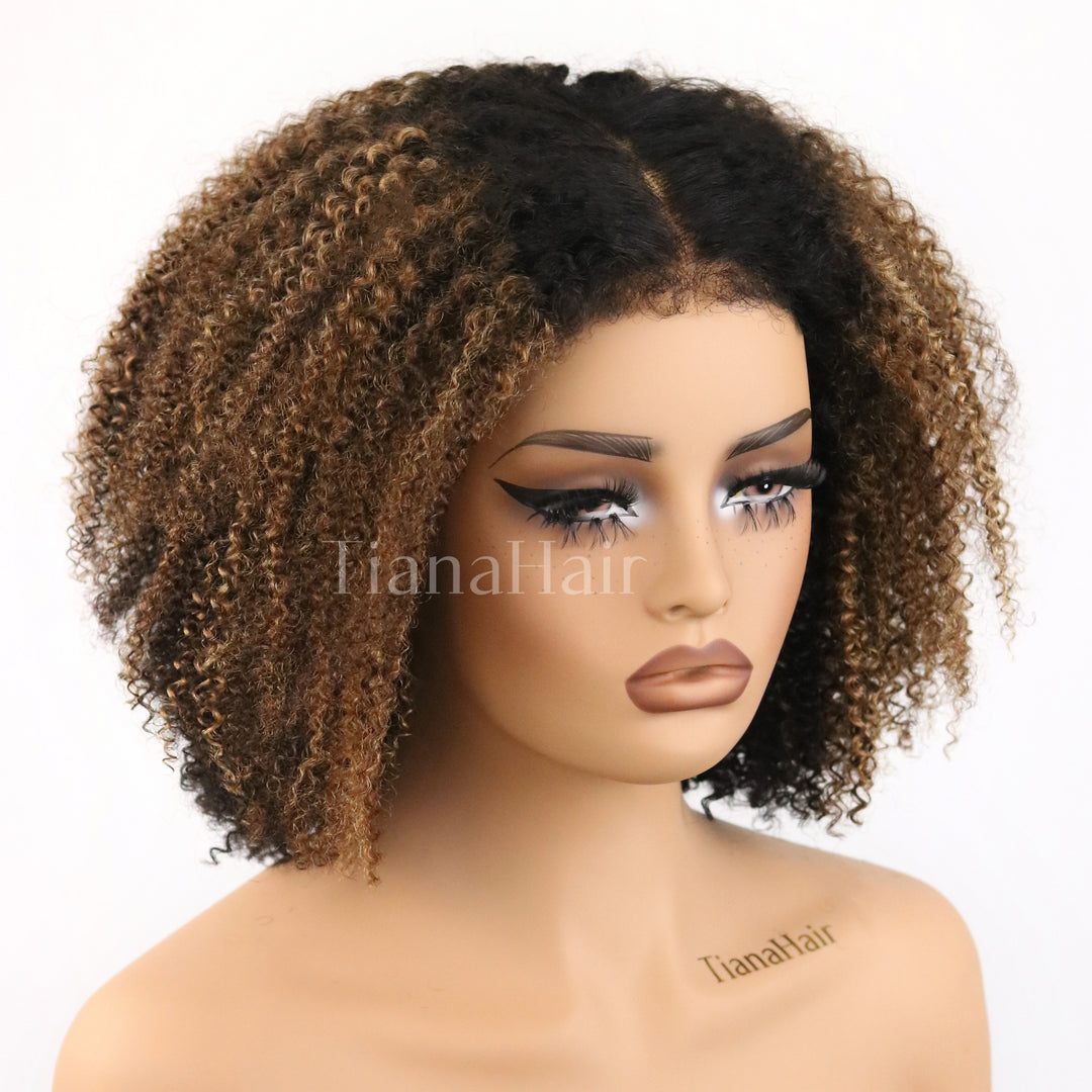 4x4/7x5 Lace Ombre Brown Highlights Afro Kinky Curly With Kinky Edges Bob Wig Pre-Everyhthing Wear Go Glueless Wig