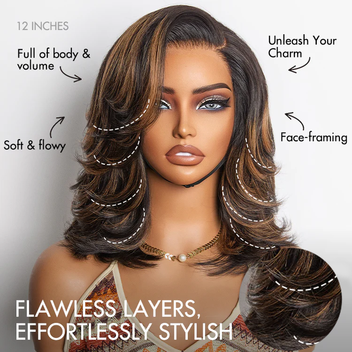 4x4 Lace Brown Highlight Layered Haircut Wavy Glueless Wig 100% Human Hair