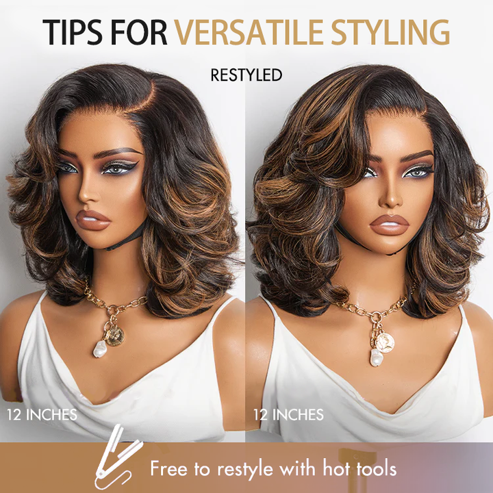 4x4 Lace Brown Highlight Layered Haircut Wavy Glueless Wig 100% Human Hair