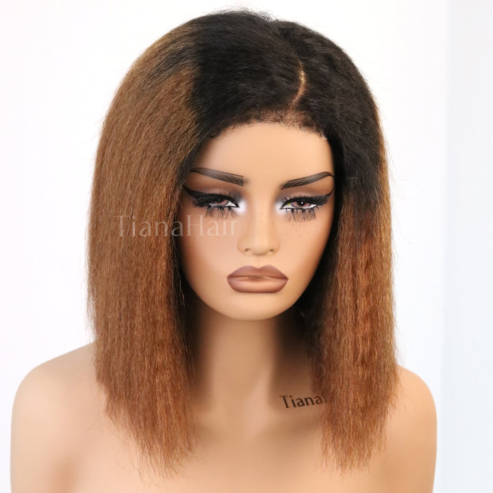 Ombre Brown Kinky Straight Bob 4X4 Lace With Kinky Edges Glueless Wig