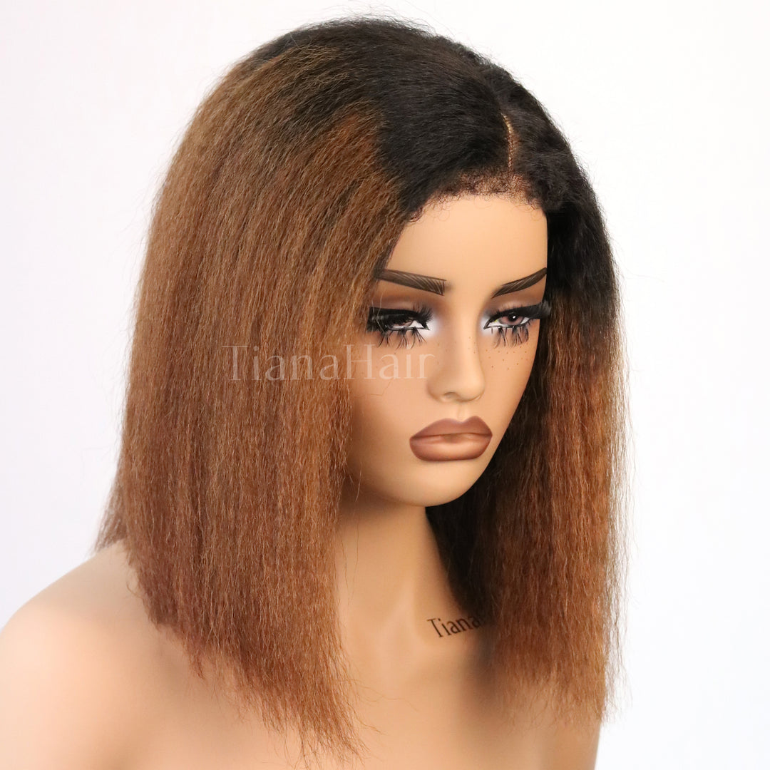 Ombre Brown Kinky Straight Bob 4X4 Lace With Kinky Edges Glueless Wig