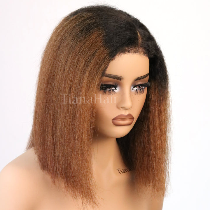 Ombre Brown Kinky Straight Bob 4X4 Lace With Kinky Edges Glueless Wig