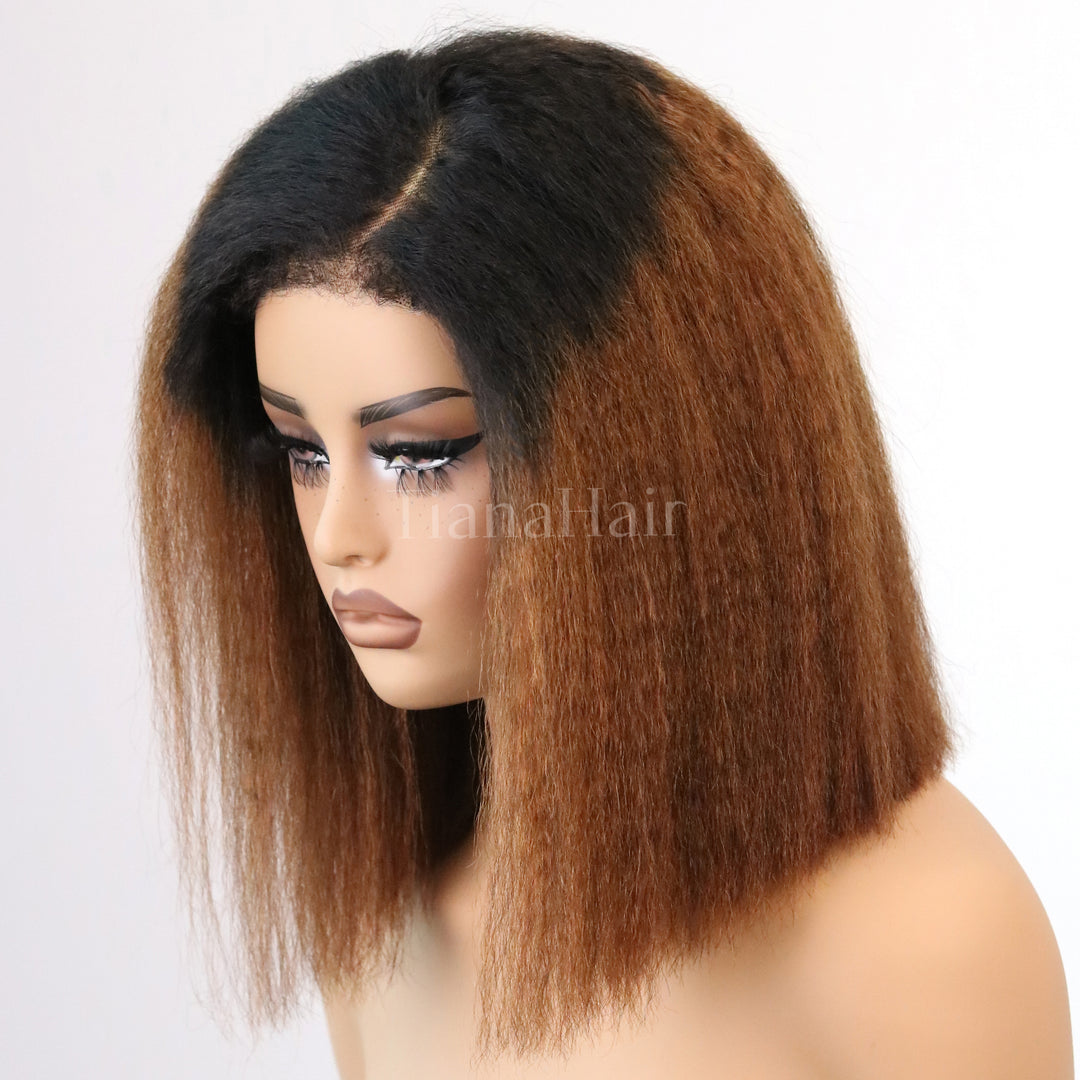 Ombre Brown Kinky Straight Bob 4X4 Lace With Kinky Edges Glueless Wig