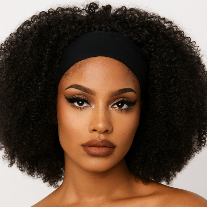 Kinky Curly Glueless No Lace Stirnband Lange Perücke 100 % Echthaar