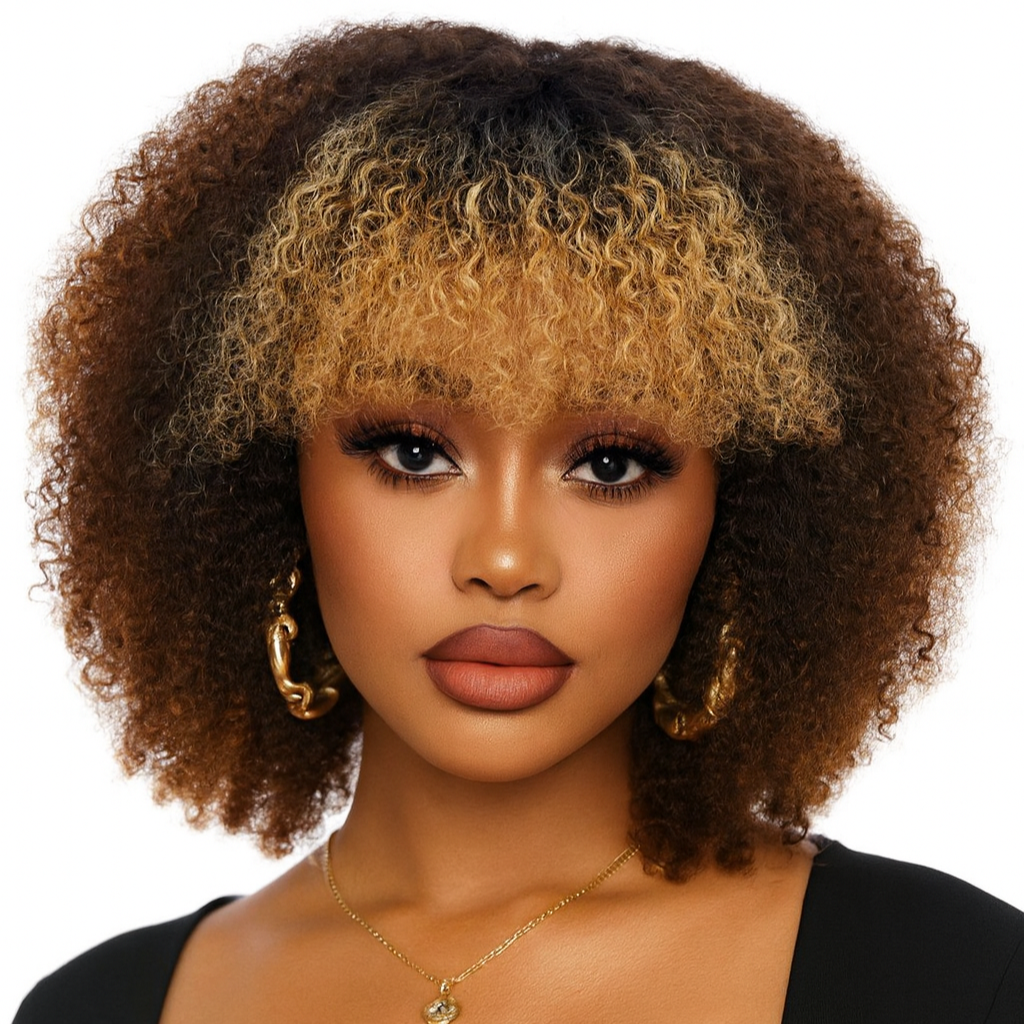 4x4/7x5 Lace Caramel Pop Afro Curly Wig with Bangs Pre-Everything Wear Go Glueless Wig