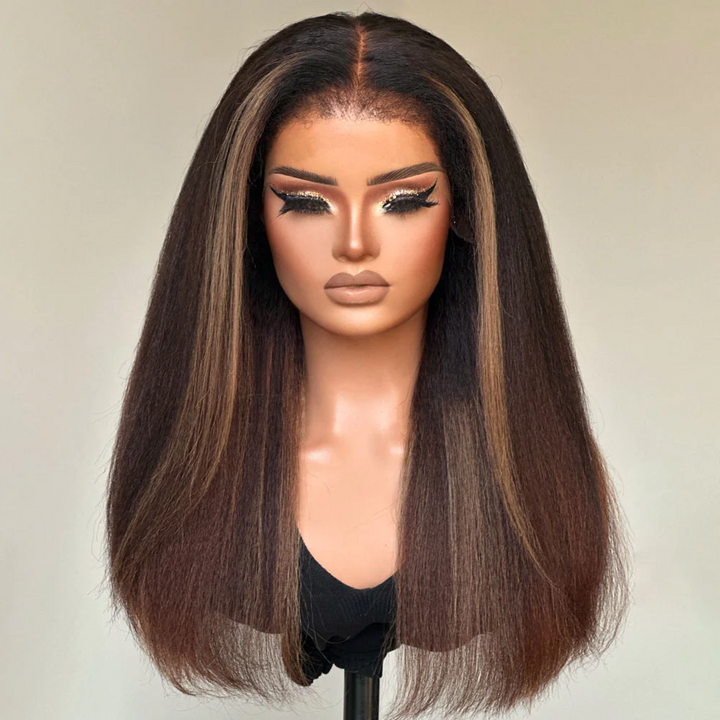 13x4 Lace Blonde Highlight Kinky Straight With 4C Kinky Edges Wig
