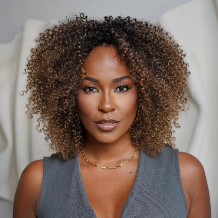 No Lace Put On & Go Honey Brûlée Curly Glueless Wig With Bangs