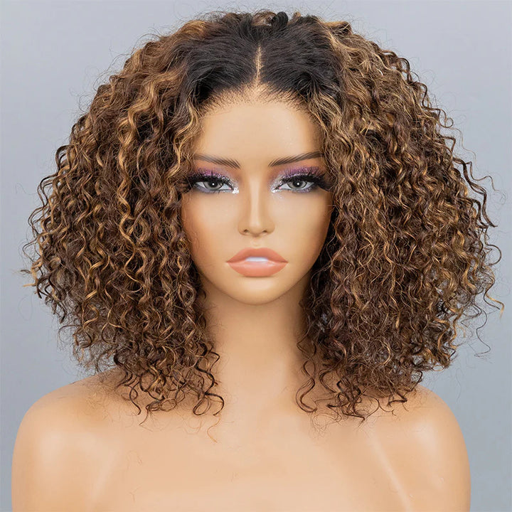 Ombre Blonde Highlight Deep Curly Glueless 4x4 Lace Wig Ready To Go 100% Human Hair